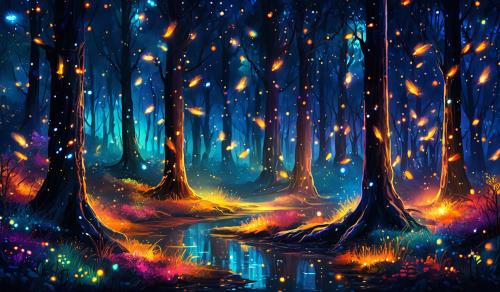 Colorful forest at night with fire flies