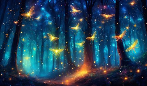 Collorful forest at night with fire flies