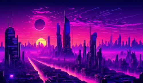 Futurist city sunset,big sun,purple and pink gradiant