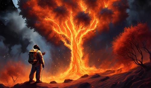 Create an image of a black Moses talking to the burning bush.  Show a person in a space suit hiding behind a burning bush. Show the person in the space suit with a microphone in his hand.  Show a bright flood light shining through a burning bush so it appears to be fire. 