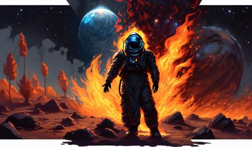 Create an image of a black Moses on one side talking to the burning bush.  Show a person on the other side in a space suit hiding behind the same burning bush that Moses is talking to. Show the person in the space suit with a microphone in their hand.  Show a bright floodlight on the same side as the person in the space suit shining through the burning bush towards Moses so it appears to be fire. 