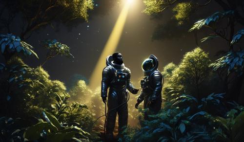 Create an image of a black Moses on one side of a bush, talking with a bright light shining through the bush.  Show another person on the other side of the bush in a space suit hiding behind the same bush that Moses is talking to. Show the person in the space suit with a microphone in their hand.  Show a bright floodlight on the same side as the person in the space suit shining through the bush towards Moses. 