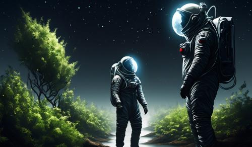 Create an image of two people.  One person is a black Moses.  The other person is someone in a space suit.  Draw a large bush between Moses and the person in the space suit, showing them facing each other with the bush between them.  Draw an ample flood light and a large speaker on the side with the person in the space suit pointed towards the bush and Moses on the other side.  Draw a bright light shining through the bush towards Moses.  Draw sound coming from the large speaker through the bush towards Moses.  Draw a microphone in the hand of the person in the space suit.