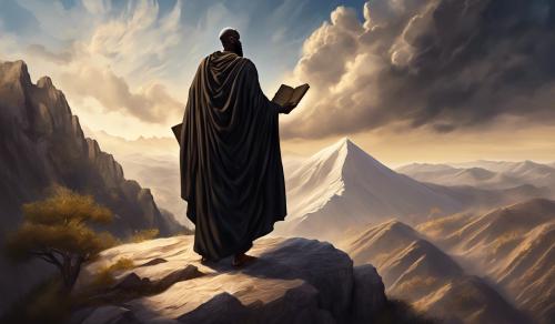 Draw an image of a black Moses receiving the Ten Commandments on the top of the mountain.