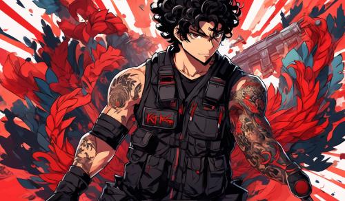 a military man with black curly hair showing his arms with a black vest and an ak on his left hand and this character has tattoos on his arms, gloves on his hands and a background based on the colors red and black