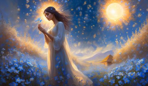 an Armenian girl standing in a field of forget me not's holding the sun