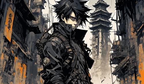 the man,black short hair,very mixed race from all the world, darkwear streetwear techwear, yoji shinkawa and yohji yamamoto black fashion style, steampunk tactical gear, ninja sasuke, gunslinger, posing by a tower in the shadows, highly detailed portrait, digital painting, concept art, smooth, sharp focus ilustration, artstation hq ,8k ultra hd, Studio Ghibli Style, Canon EOS R5 effect, soft lighting, warm tones, depth of field effect, Mysterious