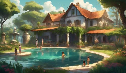 near a farm, A big bungalow outside a fountain, near the fountain on one side A garden and on the other side one large swimming pool where three girls and one boy resting in water out of corner sea can be seen