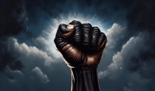 Draw a black power fist.  Make the black power fist look like a human heart. Curl all fingers like a fist except for the index finger.  have the index finger pointed towards the sky.