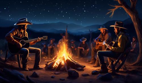 Cowboy playing guitar at a campfire at night