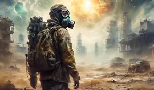 Lone survivor wearing gas mask in post apocalyptic setting