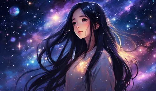 Anime girl with long black hair starring at the galaxy stars