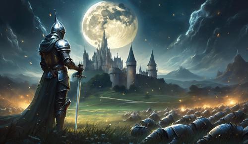 An exausted kneeling knight with his sword in the ground before a field of fallen soldiers and a magical setting with a castle and the moon in the background with a battle raging.