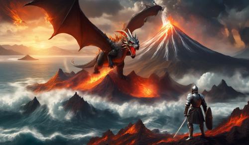 A knight fighting a dragon near a volcano overlooking the ocean.