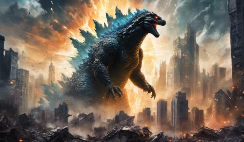 Godzilla in a destroyed city breathing atomic breath at destoroyah