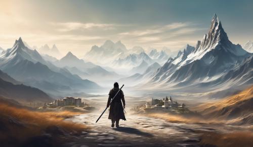 A photo of someone walking coolly with a sword in hand, their back turned, with mountains or buildings on the sides