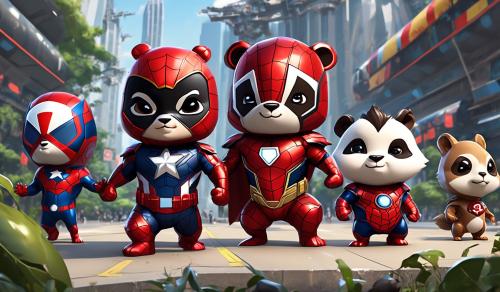 An adorable 3D rendering of a chibi-style panda and squirrel dressed as iconic Marvel superheroes. The first panda is dressed as Spider-Man, showing off his powerful web-slinging abilities. The second squirrel, dressed as Iron Man, stands defiantly against the backdrop of a military airport. Both leave their superhero helmets and masks on, showing their faces, showing a concentrated expression as they immerse themselves in their superhero roles. The scene exudes a playful, carefree and nostalgic vibe with an underlying whimsy that's hard to resist. 3D rendering