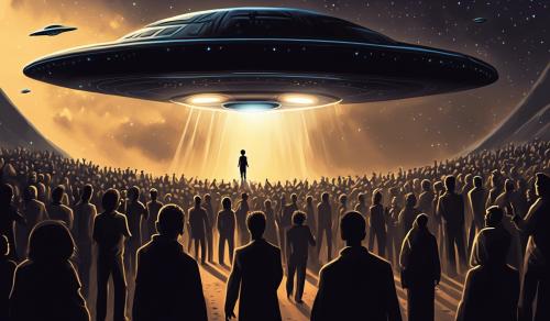 Draw a futuristic image of a UFO landing in a crowd.  Illustrate a ramp coming down from the UFO.  Draw a black alien at the end of the ramp with his arms stretched out to the people.  Illustrate in English writing in the sky above the UFO the phase, 