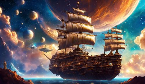 Treasure planet with ship in a space world and best sky 