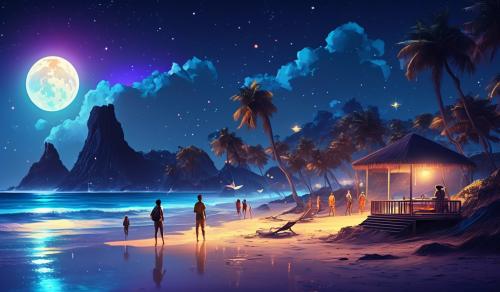 Humans in new space world in beach and relaxed by night