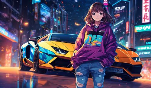 A lambo with one girl in a oversize pullover and in baggy jeans on it