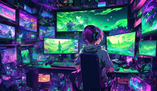 gamer jogando no computador com cores verde e roxo