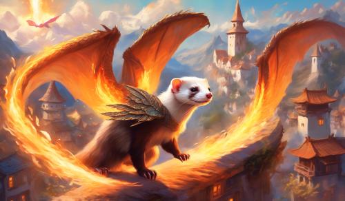 Ferret with dragon wings breathing fire on a village