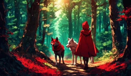 Isekai little red riding hood and a wolf in a distant forest