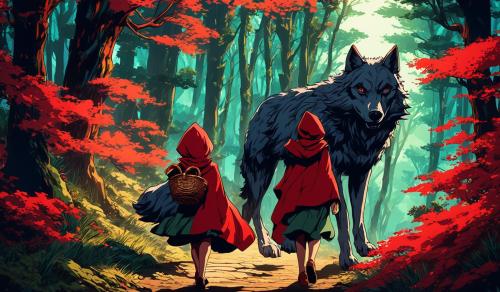 Isekai little red riding hood riding a wolf in a distant forest