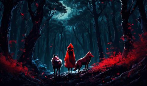 Isekai little red riding hood and a singular wolf in a distant dark forest