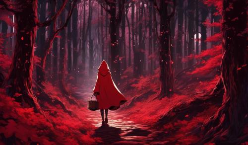 Isekai little red riding hood in a distant dark red forest