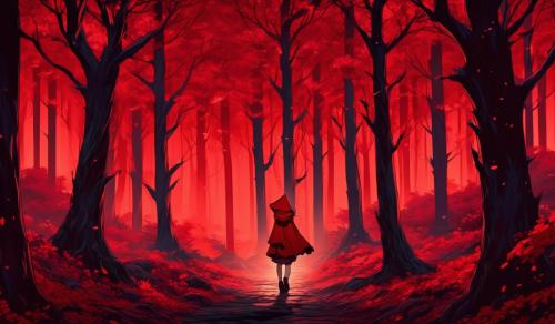 Isekai little red riding hood in a distant dark red forest