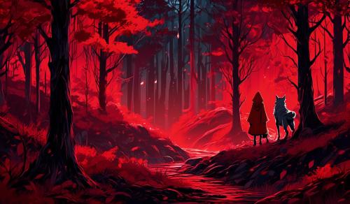 Isekai little red riding hood and the big bad wolf in a distant dark red forest