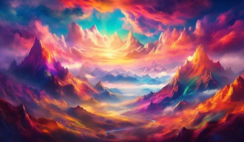 Vibrant lanscape of colorful mountains and valleys with giant cloudssunset