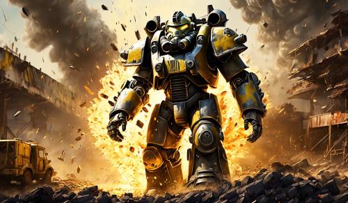 Fallout X01 power armor immerging from an explosion