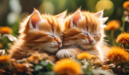 two kittens with ginger coloured fur on a flower bed sleeping and hugging each other.