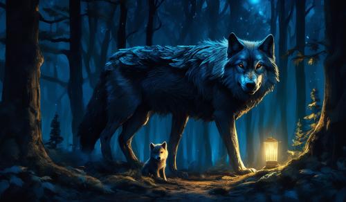 Father and son wolf in the woods at night