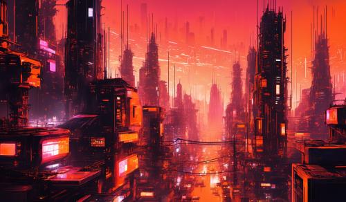 Dark orange,orange,light orange,pink and white cyber punk city