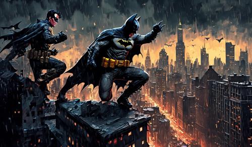 Jason todd and batman brutally fighting on a building overlooking gotham city