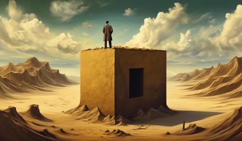 A man is completely isolated he has built a metaphoricall wall around himself because of tragic loss and betrayell. Use the art style of Surrealism painters such as Salvador Dali 