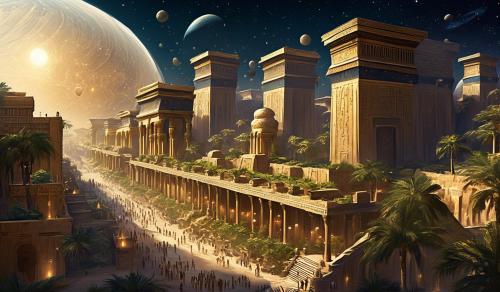 Create a city with ancient Egyptian,Babylonic and Roman architecture. Set the city in outer space surrounded by stars and multiple galaxies. Show multitudes of people walking streets lined with pillars. Show other people gathered in hanging gardens like the ones from ancient Babylon.