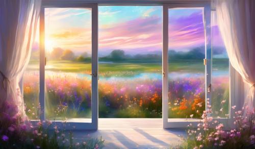 Looking out glass French doors to a field of wildflowers with a beautiful blue green pond in the distance. White cotton curtains blow in the breeze from the glass French doors, and the sun is setting but the sky is lit with orange, purple, and pinks making everthing look so alive