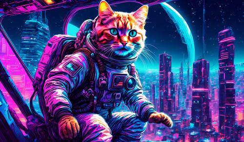 Please provide me an image of the most adorable cat in an astronaut suit flying through space in a futuristic city from the year 8009 in a most realistic style image using the most vibrant colors, intricate patterns and breath taking landscapes