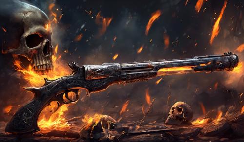 Gun, fire, skull, knives, swords