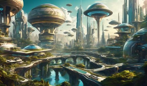 Draw a futuristic image of what society here on planet Earth will look like in the year 2100.