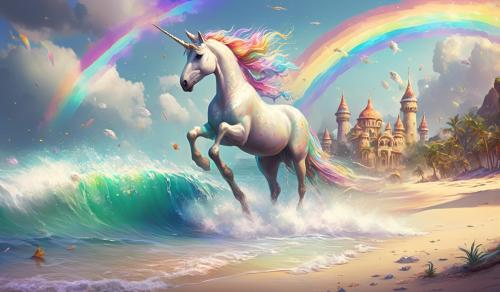 unicorn, mermaid, rainbow, water,sand, beach