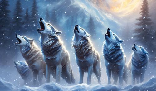 Wolf pack howling in snowstorm with a denver nuggets logo in mouth