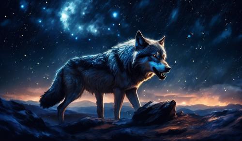 Wolf fights other wolf under the night sky