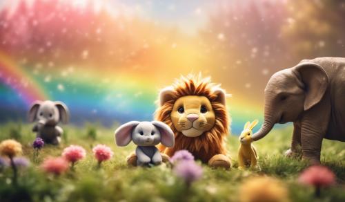 bunny, lion, elephant, rainbow, landscape