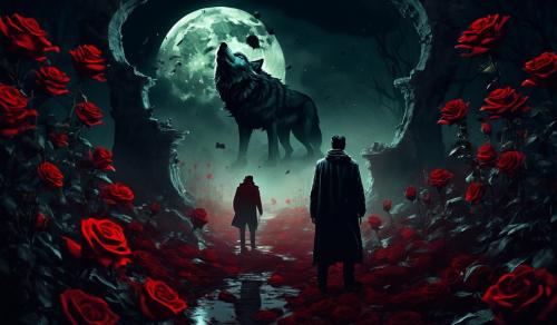 underground dark world toxic and full moon shining trough .with man in the middle in dark habit standing with wolf next to him , on the left side broken graves with dark red roses on it 